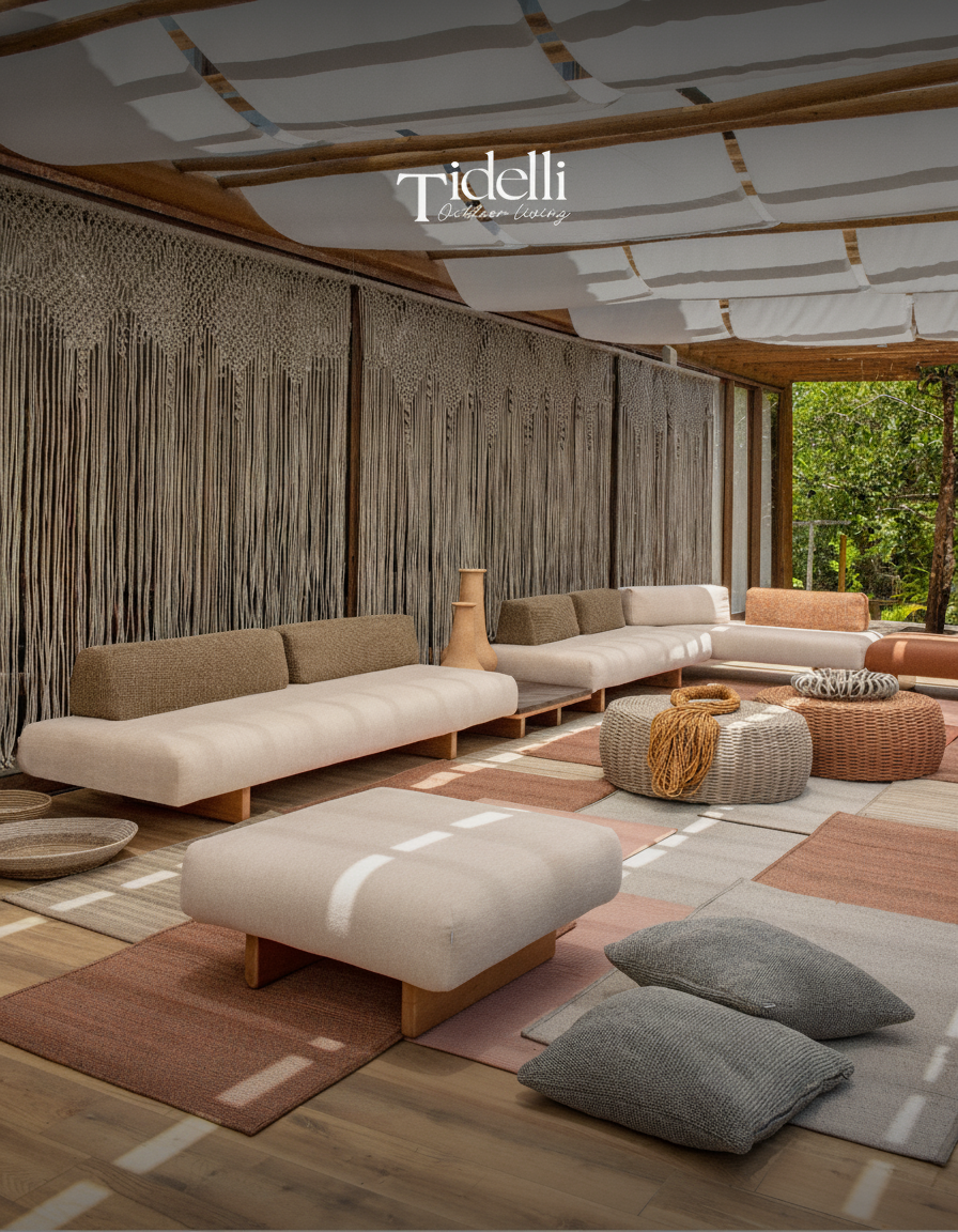 Composição modular da Coleção Pucon em creme, com módulos e ottoman num lounge externo