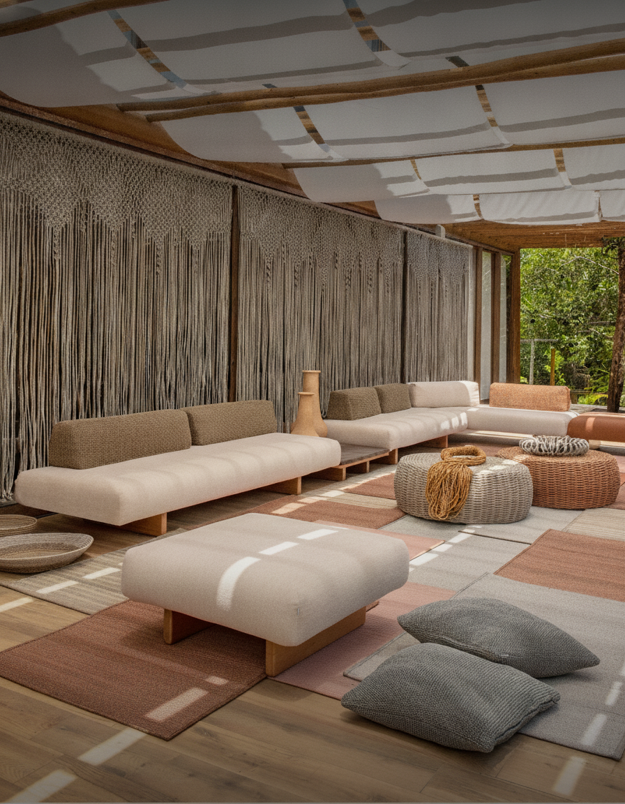 Composição modular da Coleção Pucon em creme, com módulos e ottoman num lounge externo